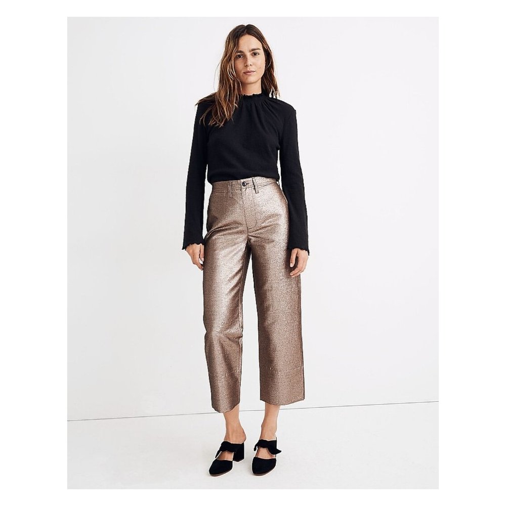 MADEWELL Slim Emmett Wide-Leg Crop Pants Rose Gold Gold Metallic NWT